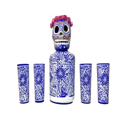 Personalized Tequila Decanter Set, Liquor Decanter with Shot Glasses and Mexican Sombrero, Hand-painted Decanter, Skull Decanter, Bar Decoration, Unique Tequila Gift (Blue Catrina Set)