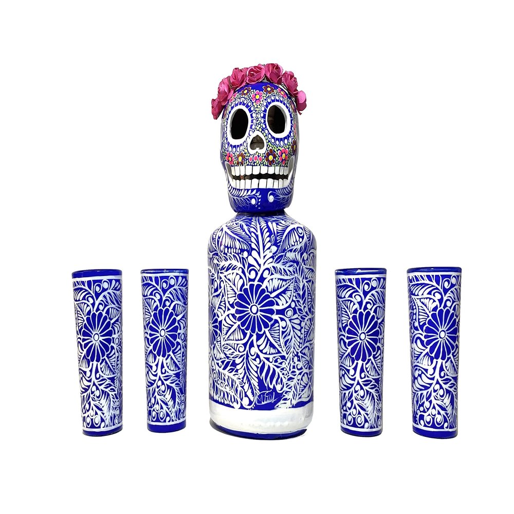 Personalized Tequila Decanter Set, Liquor Decanter with Shot Glasses and Mexican Sombrero, Hand-painted Decanter, Skull Decanter, Bar Decoration, Unique Tequila Gift (Blue Catrina Set)