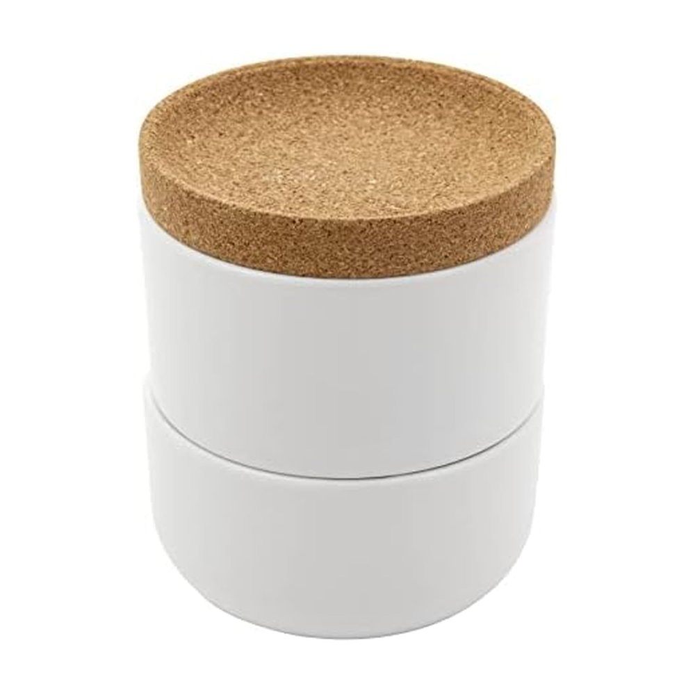Kamenstein Cork and Ceramic 3 Piece Stackable Salt and Pepper Cellar For Countertop Space Saving; Pivoting Lid to Retain Freshness for Easy Open, 4 x 4 x 4.25 Inch, Natural Cork and White Ceramic