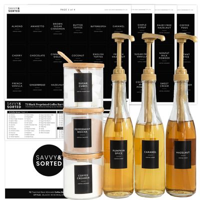 Black Coffee Bar Essentials Labels, 72 Preprinted Coffee Syrup Station Organizer Stickers, Accessories and Gifts for Coffee Lovers
