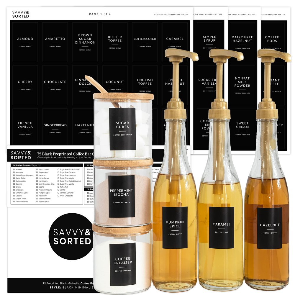 Black Coffee Bar Essentials Labels, 72 Preprinted Coffee Syrup Station Organizer Stickers, Accessories and Gifts for Coffee Lovers