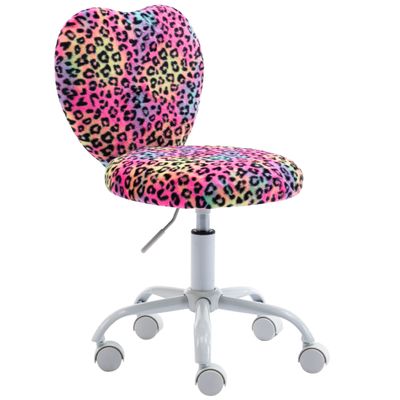 DM Furniture Cute Fuzzy Kids Chair Rolling Study Desk Chair Furry Studing Computer Task Chair Faux Fur Swivel Vanity Chair for Girls Boys Bedroom, Red Leopard