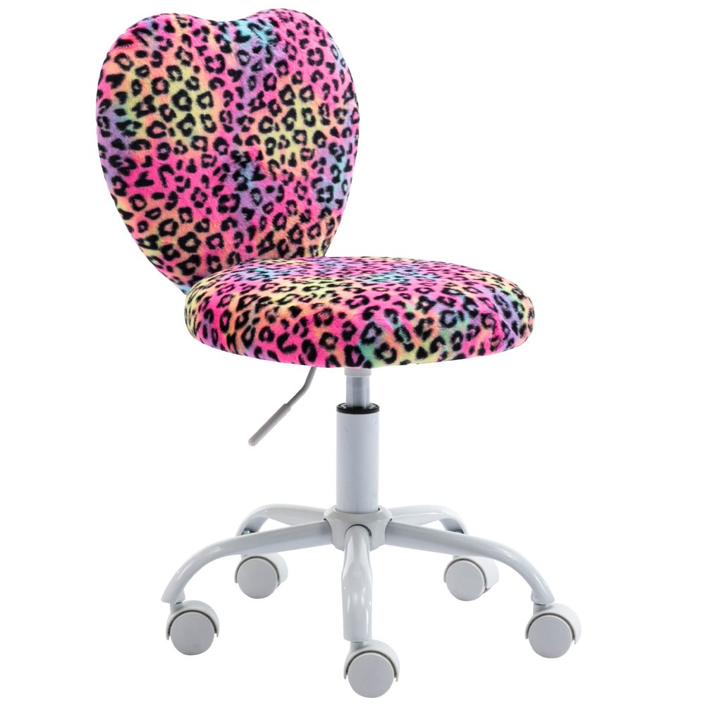 DM Furniture Cute Fuzzy Kids Chair Rolling Study Desk Chair Furry Studing Computer Task Chair Faux Fur Swivel Vanity Chair for Girls Boys Bedroom, Red Leopard