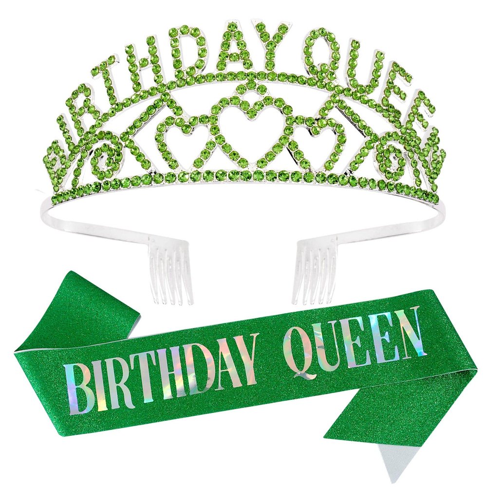 Semato Rhinestone Tiara and Glitter Sash Kit- Birthday Decorations, Party Supplies and Favors (Green)