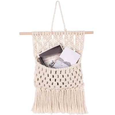 JOIZPAPA Wall Mount Cotton Wovening Hanging Pocket Wall Hanging Magazine Storage Organizer Magazine Holder Mail Holder Boho Chic Home Decor
