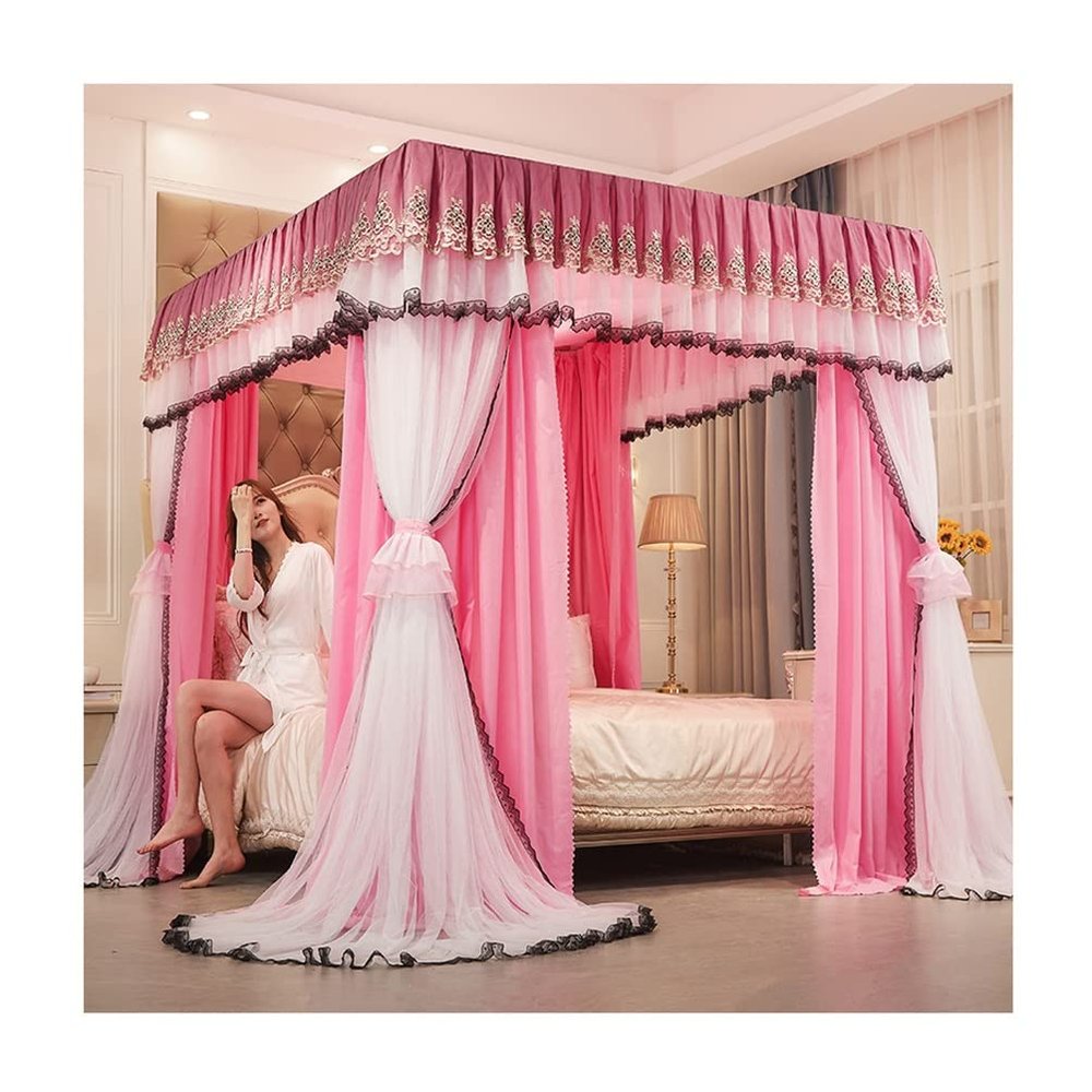 European Luxury Bed Canopy Mosquito Net, Adult Girls Princess Room Dustproof Blackout Bunk Bed Curtains, for Single Bed Double Bed (Color : Pink-2, Size : 180X220X200CM)