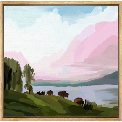 SIGNLEADER Framed Canvas Print Wall Art Pastel Vibrant Brush Stroke Forest Lake Nature Wilderness Illustrations Modern Art Decorative Minimal Rustic for Living Room, Bedroom, Office - 16"x24" NATURAL