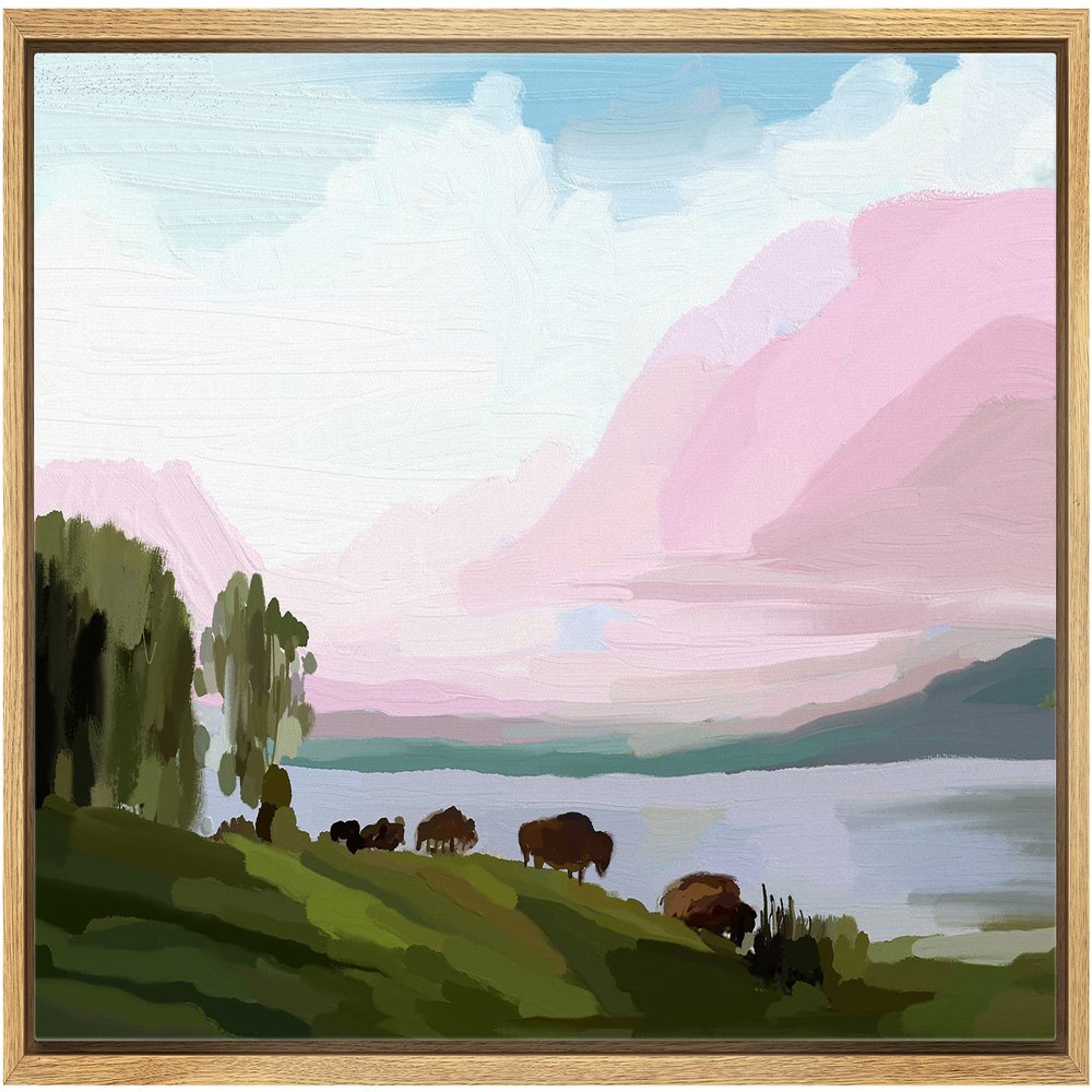 SIGNLEADER Framed Canvas Print Wall Art Pastel Vibrant Brush Stroke Forest Lake Nature Wilderness Illustrations Modern Art Decorative Minimal Rustic for Living Room, Bedroom, Office - 16"x24" NATURAL