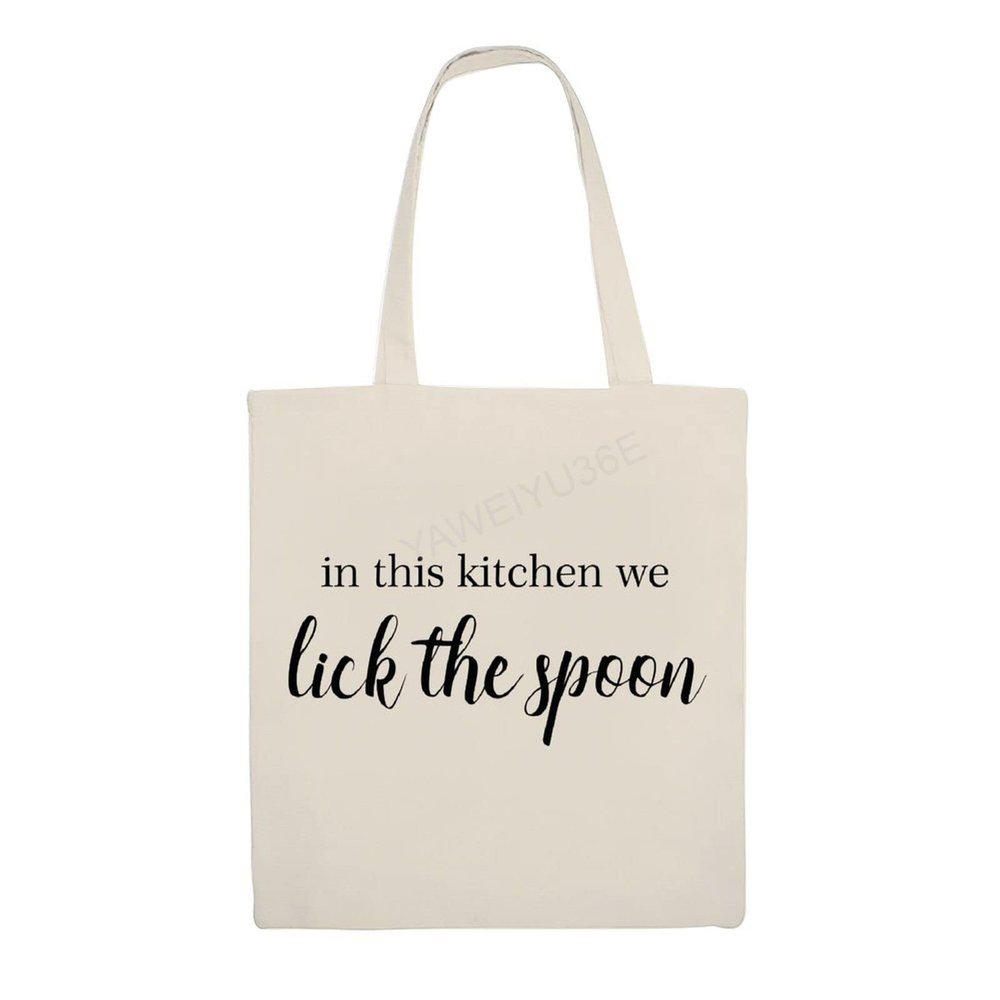 in This Kitchen We Lick The Spoon Reusable Grocery Bags,Reusable Canvas Shoulder Bag with Zipper Bachelorette Party Bags for Mom Grandma Sister