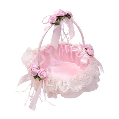 Mokylor 2 Pack Pink Flower Girl Baskets with Artificial Crystal, Rattan Wedding Basket Decorated with Lace and Satin Rose Flowers for Wedding Home Table decorations