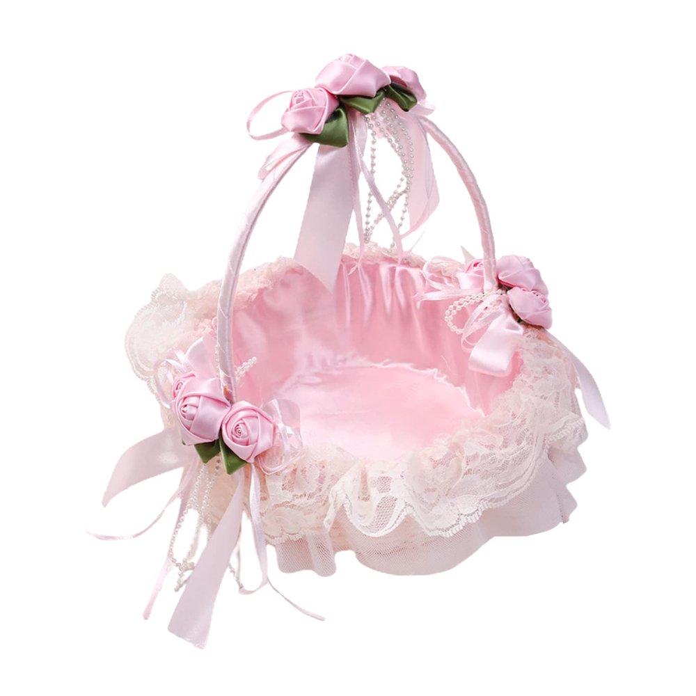 Mokylor 2 Pack Pink Flower Girl Baskets with Artificial Crystal, Rattan Wedding Basket Decorated with Lace and Satin Rose Flowers for Wedding Home Table decorations