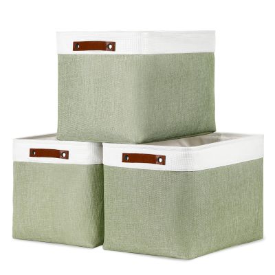 DULLEMELO 16 inch Fabric Storage Basket, Decorative Storage Boxes with Leather Handle for Closet Shelf Nursery, Collapsible Linen Storage Bins for Organizing Toys Book Towel Organizers(White&Green)
