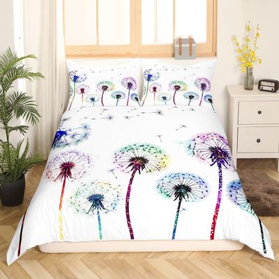 Colorful Dandelion Duvet Cover Set Twin Size,Plant Botanical Natural Bedding Set 2pcs for Kids Teens Adults Room Decor, Watercolor Rustic Comforter Cover White Warm Quilt Cover with 1 Pillowcase