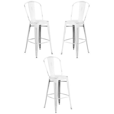 Home Square 30" Metal Curved Slat Back Bar Stool in Distressed White - Set of 3