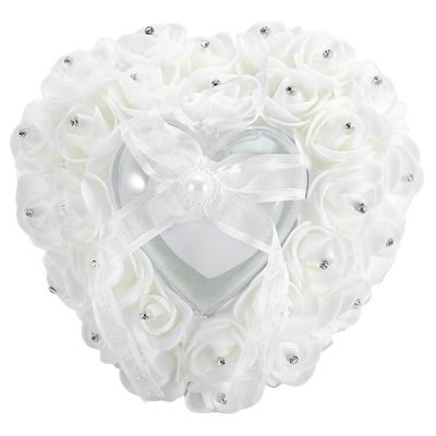 Hilitand Wedding Ring Cushion Pillow Romantic Heart Shaped Wedding Ring Box Rose Rhinestone Decorative Jewellery Boxes(White)