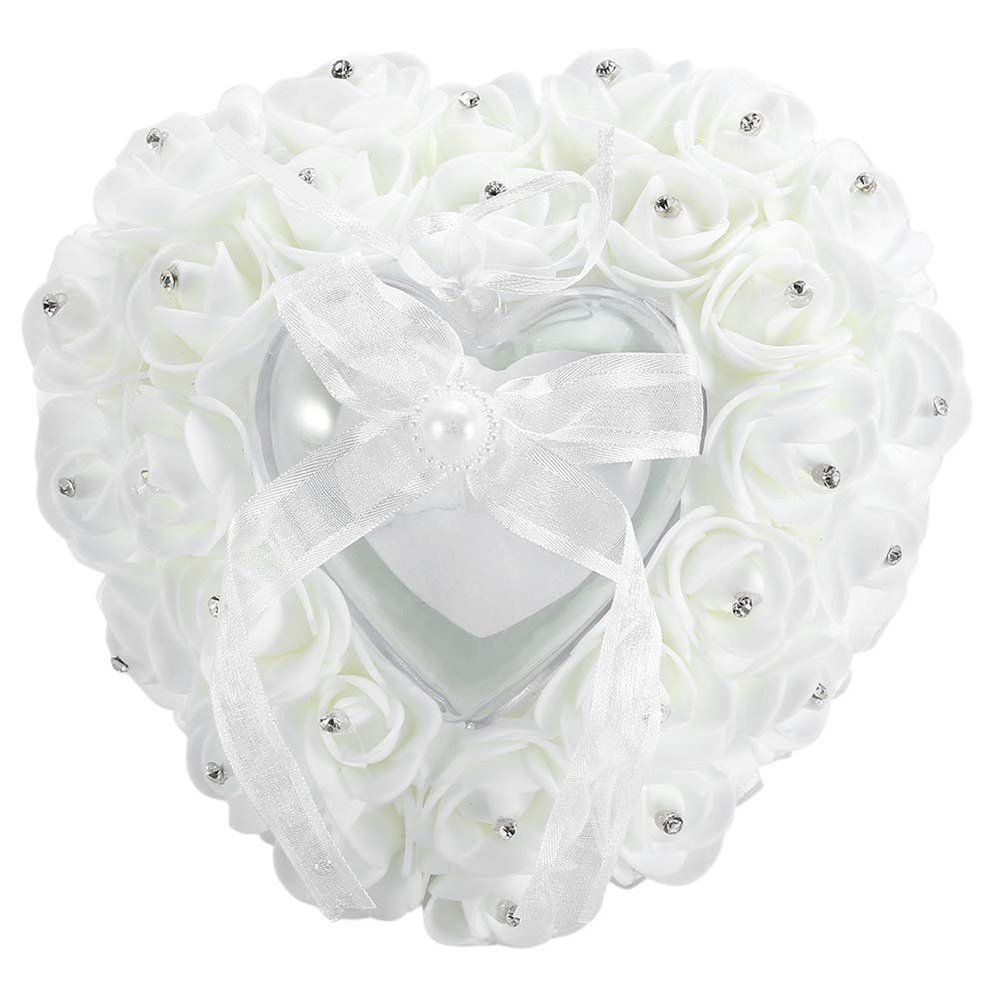 Hilitand Wedding Ring Cushion Pillow Romantic Heart Shaped Wedding Ring Box Rose Rhinestone Decorative Jewellery Boxes(White)