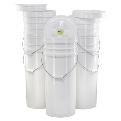 6 Gallon White Bucket with White Twist-on Lid, 5 Pack