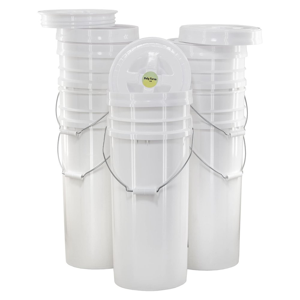 6 Gallon White Bucket with White Twist-on Lid, 5 Pack