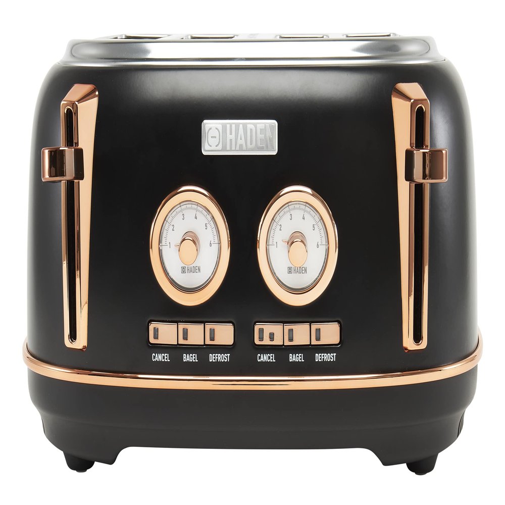 Haden Dorset 4 Slice Wide Slot Stainless Steel Toaster with Adjustable Browning Control & Non-Slip Feet, Black & Copper