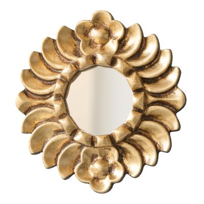 DecorContreras Peruvian Accent Mirror 6" - Small Round Gold Wall Decor - Hand-Carved Sunburst Mirror with Bronze Leaf - Unique (Gold)