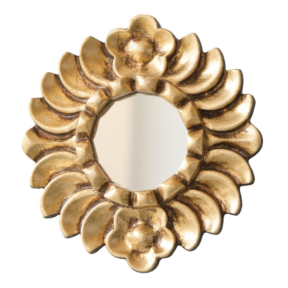 DecorContreras Peruvian Accent Mirror 6" - Small Round Gold Wall Decor - Hand-Carved Sunburst Mirror with Bronze Leaf - Unique (Gold)