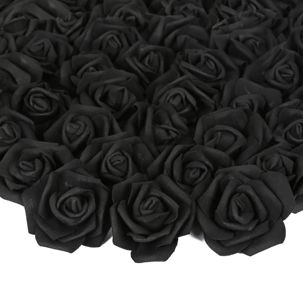 Artificial Rose Flowers, 200 pcs Foam Rose Bulk Black Fake Flower Heads for DIY Wedding Bouquets Rose Wall Kissing Balls Bridal Shower Centerpieces Arrangements Party Tables Decorations(Black)
