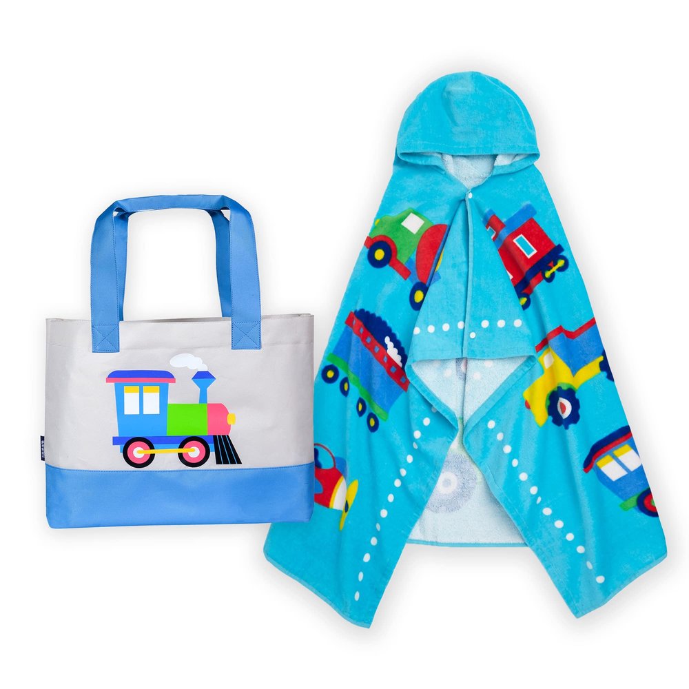 Wildkin Kids Beach Tote Bag Bundle with Beach Poncho, Kids Reusable Set for Pool, Travel & Vacations - Trains, Planes & Trucks