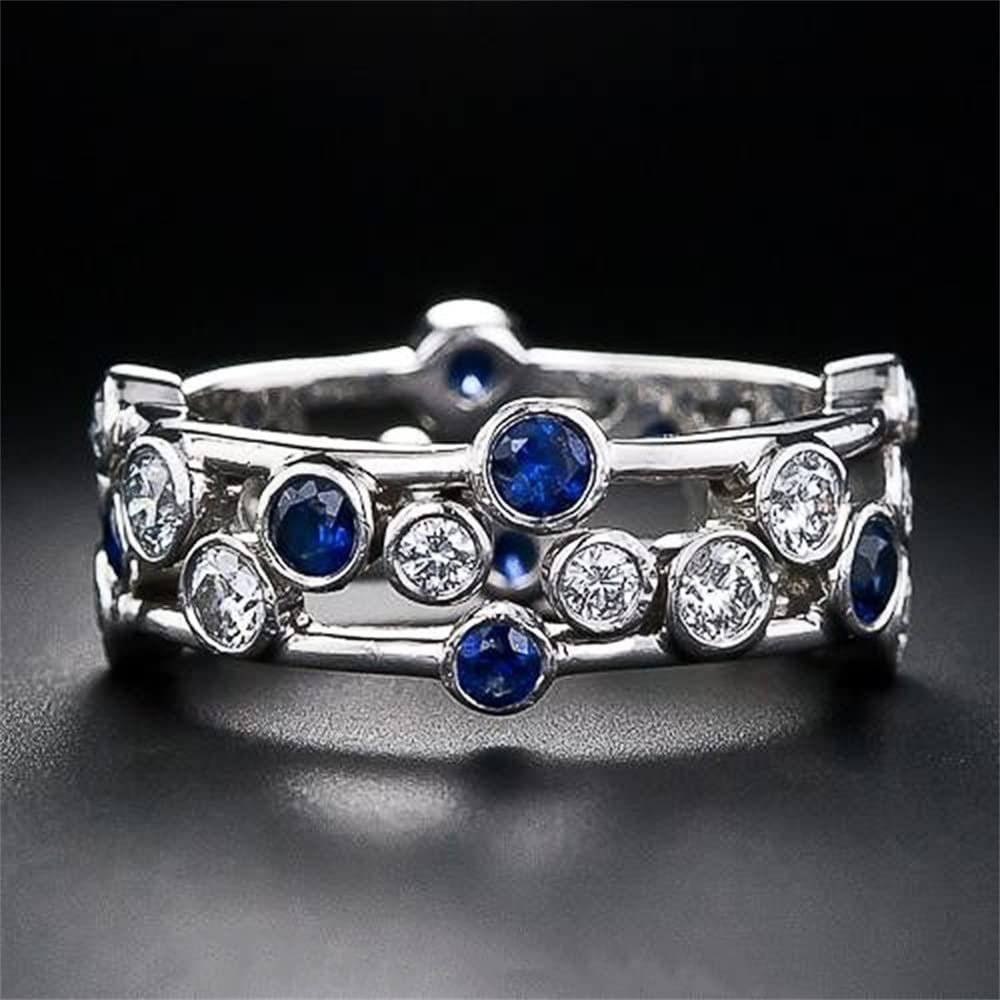925 Sterling Silver Jewelry Womens Geometric Two-Tone Gemstone Ring Unique Sapphire Diamond Wedding Ring Multi Row Eternity Engagement Promise Ring Blue Crystal Hollow Cocktail Party Ring F114 (US Size 8)