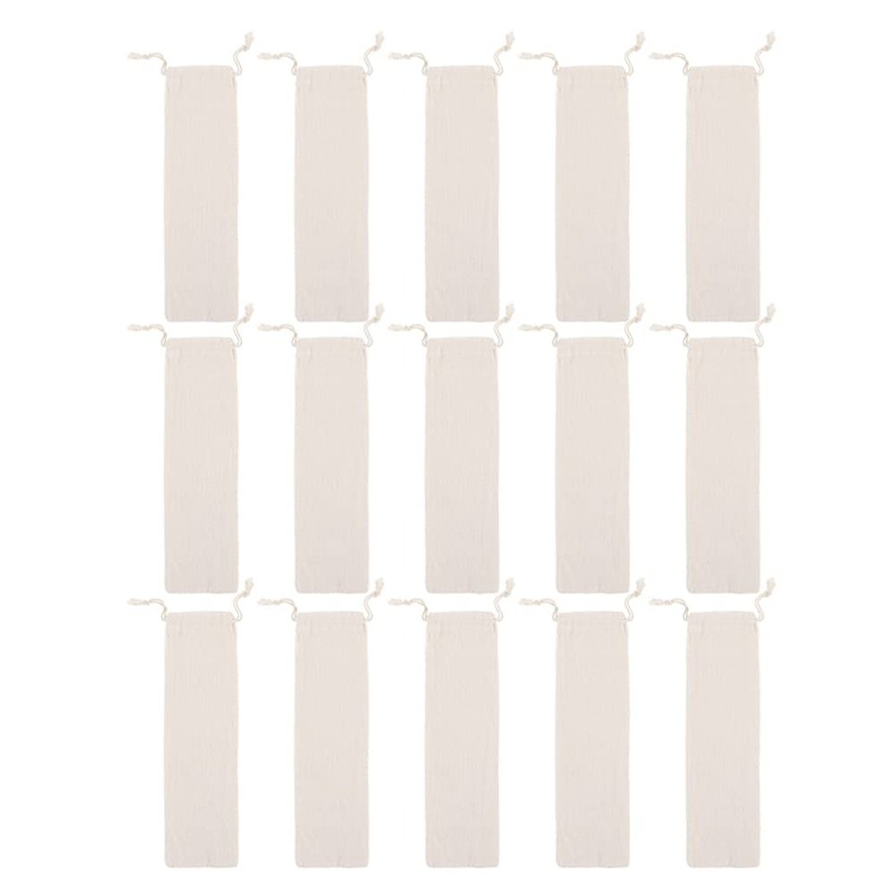 15pcs Reusable Linen Cotton Drawstring Bag for Storage of Straws and Tableware Beige Pouches for Convenient Organization and -term Use
