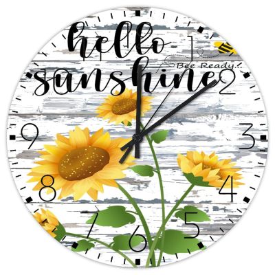 15x15 Inch Silent Clock Wall Hello Sunshine Sunflower Wall Decor for Garage Personalized Wood Clocks Round Wooden Wall Clock Vintage for Daycare Man Cave