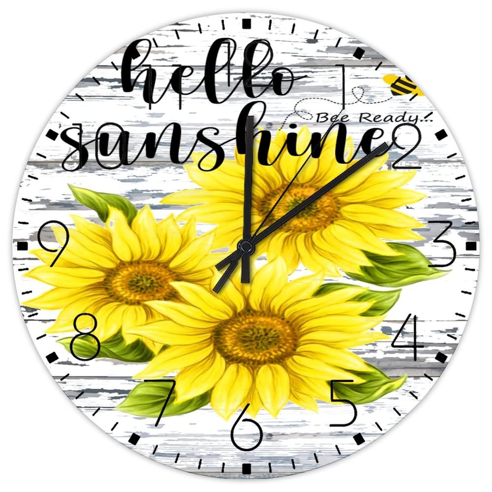 15x15 Inch Wooden Clock Wall Hello Sunshine Sunflower Fireplace Decor for Living Room Retro Wood Clocks Double-Sided Round Wooden Wall Clock Rustic for Pool Fitness Room