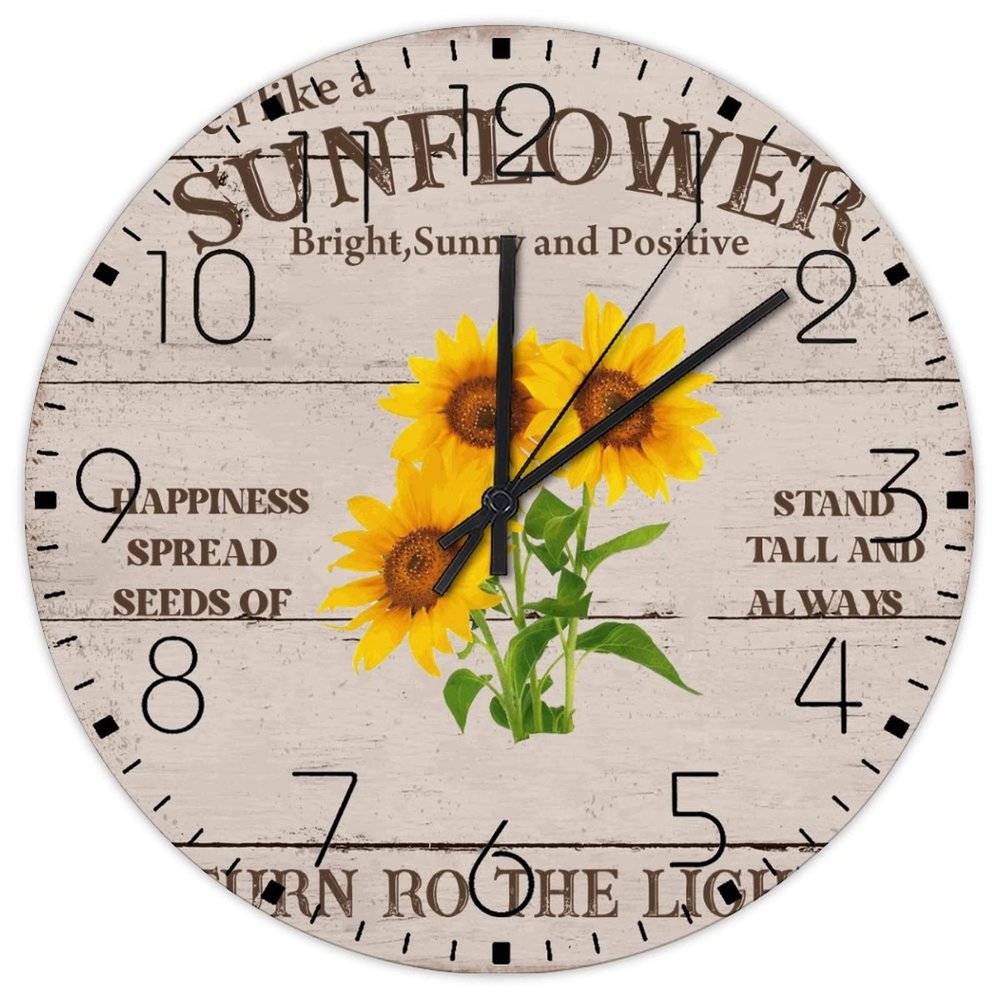 Wooden Clock Wall Analog Round Non-Ticking Be I Like A Sunflower Bright Sunny and Positive Frameless Wood Clocks Home Decor for Workshop Cafe Shop Church 15x15 Inch