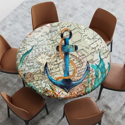 Yaofuren Table Cloth Cover Elastic Edge,for 28" to 35" Round Tables,Vintage Watercolor Sea Animals Anchor Pattern Round Tablecloth,Waterproof Wipeable Table Cover for Picnic Party,Blue