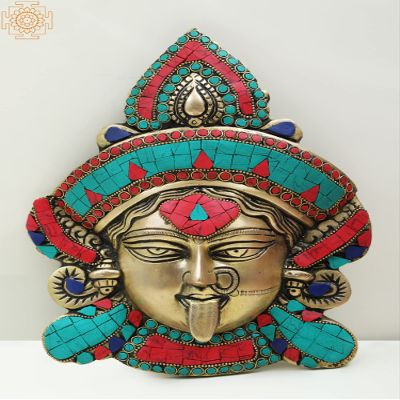 10" Brass Wall Hanging Goddess Kali Face with Inlay Work - Brass with Inlay Work
