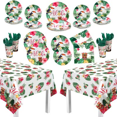 Pajean 170 Pcs Hawaiian Luau Party Supplies Aloha Plates and Napkins Party Supplies Aloha Tiki Tablecloth Tableware Set Summer Hawaii Paper Cups Cutlery Serves 24 Guests