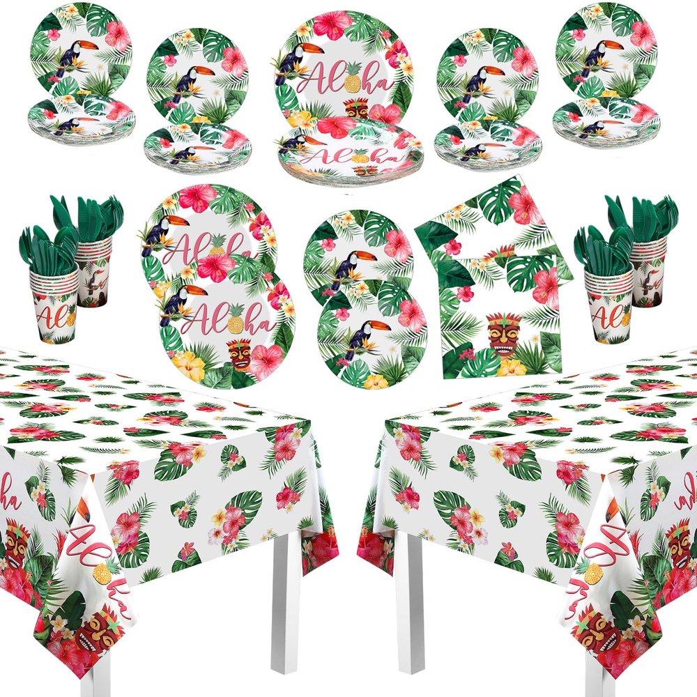 Pajean 170 Pcs Hawaiian Luau Party Supplies Aloha Plates and Napkins Party Supplies Aloha Tiki Tablecloth Tableware Set Summer Hawaii Paper Cups Cutlery Serves 24 Guests