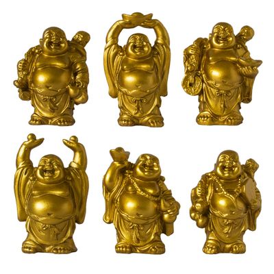 Addune Set of 6 Laughing Happy Buddha Statue Resin Figurines Feng Shui for Luck Wealth Good Gift and Collection (2.5in, Gold)