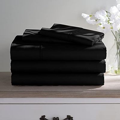 100% Long Staple Cotton 5 Piece Bed Sheet Set - Twin XL Size Black Sheets - 800 Thread Count Breathable Cooling Sheets - All Around Easy Fits Upto 12" Deep Pockets Sheets & Pillowcases Set