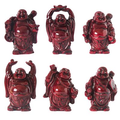 Addune Set of 6 Laughing Happy Buddha Statue Resin Figurines Feng Shui for Luck Wealth Good Gift and Collection (2.5in, Dark Red)