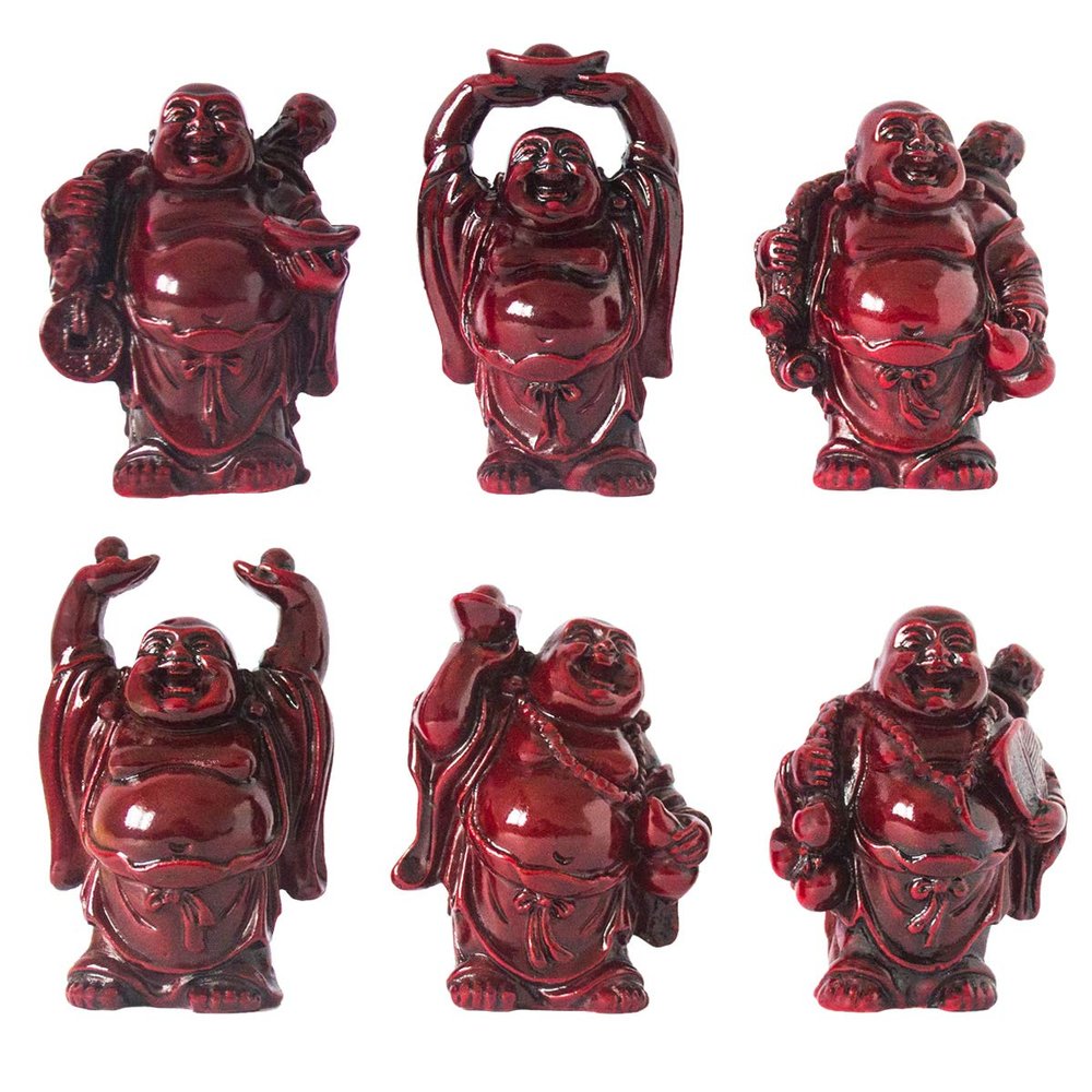 Addune Set of 6 Laughing Happy Buddha Statue Resin Figurines Feng Shui for Luck Wealth Good Gift and Collection (2.5in, Dark Red)