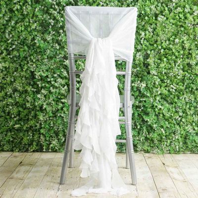 Balsa Circle 50 White Premium Curly Chiffon Chair Cover Caps with Sashes for Wedding Party Ceremony Reception Decorations Washable Elegant Chair Decor