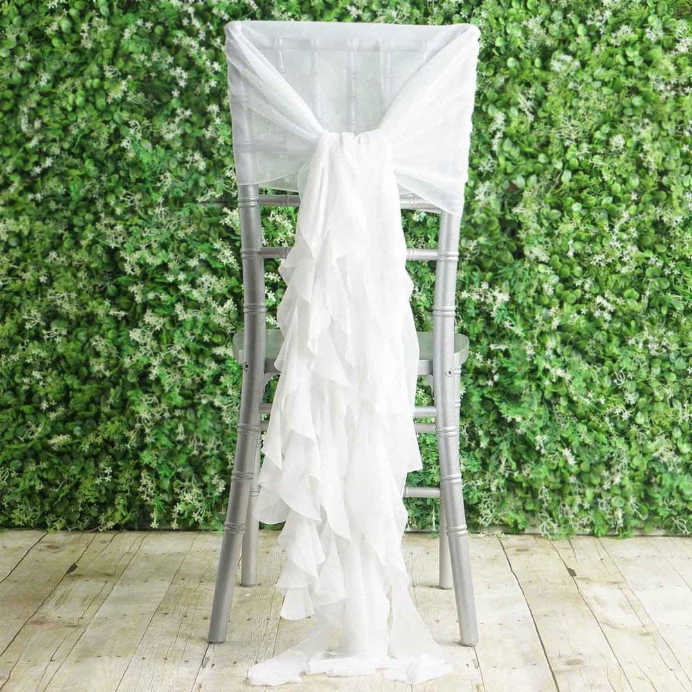Balsa Circle 50 White Premium Curly Chiffon Chair Cover Caps with Sashes for Wedding Party Ceremony Reception Decorations Washable Elegant Chair Decor
