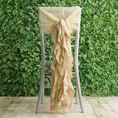 Balsa Circle 50 Champagne Premium Curly Chiffon Chair Cover Caps with Sashes for Wedding Party Ceremony Reception Decorations Washable Elegant Chair Decor