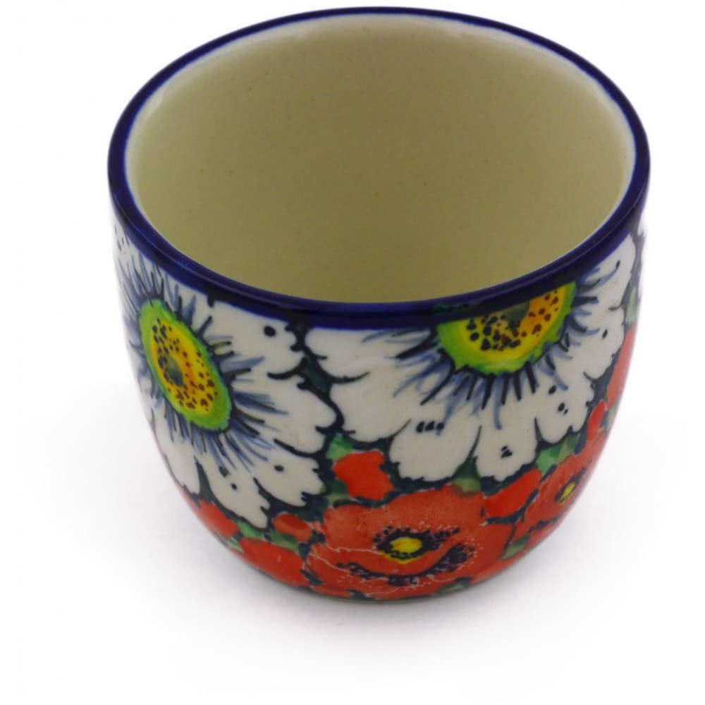 Polmedia Polish Pottery Tumbler UNIKAT - Sweet Red Petals Pattern Handmade in Boleslawiec Poland by Ceramika Artystyczna + Certificate of Authenticity