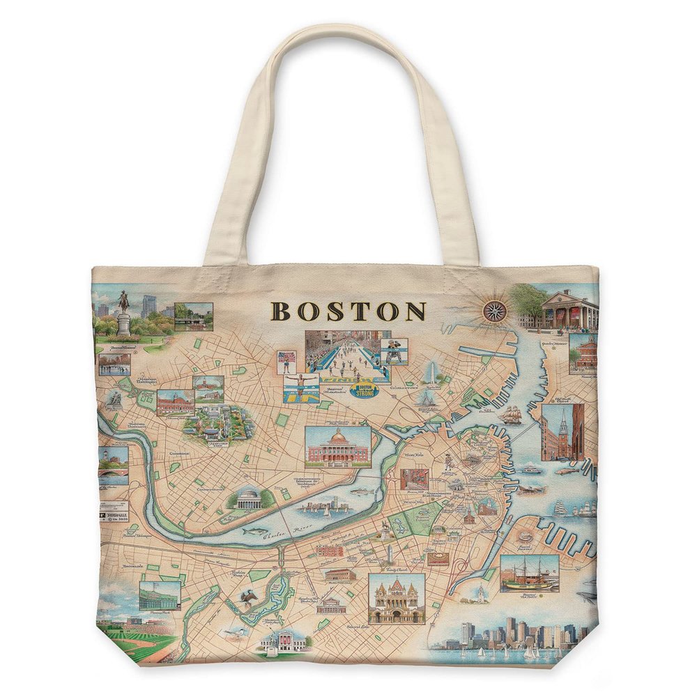 Xplorer Maps Boston Map Canvas Tote Bag with Handles, Cloth Grocery Shopping Bag, Reusable & Eco-friendly Bag, 100% Cotton, Washable, 18 wide x 15 tall
