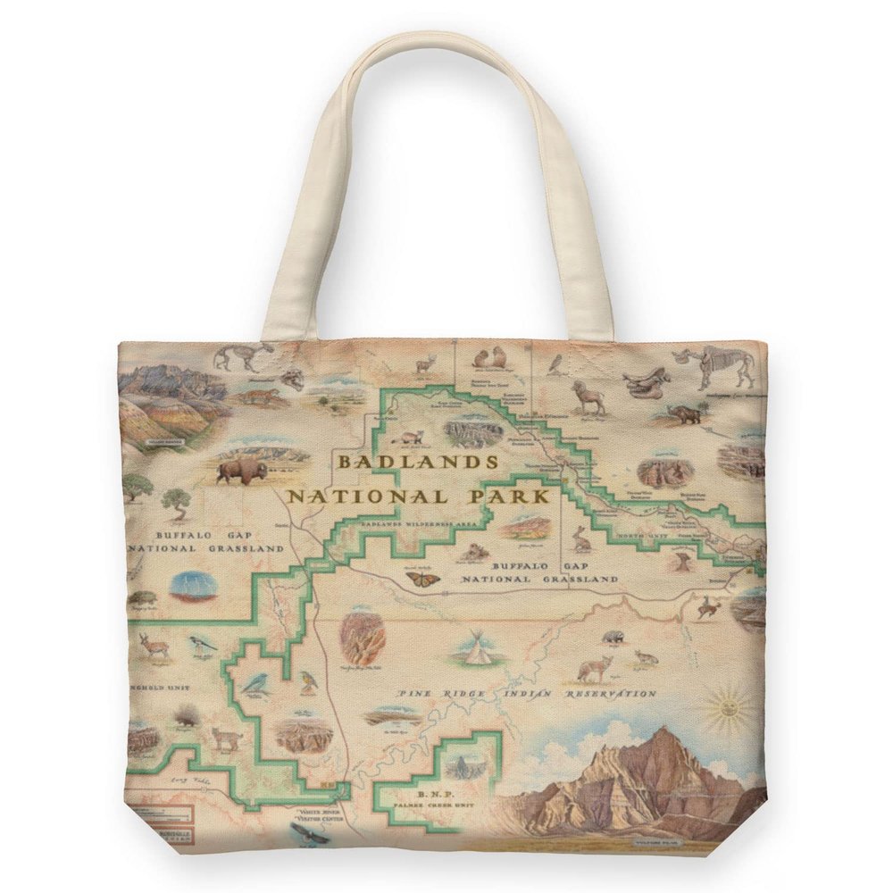 Xplorer Maps Badlands National Park Map Canvas Tote Bag with Handles, Cloth Grocery Shopping Bag, Reusable & Eco-friendly Bag, 100% Cotton, Washable, 18 wide x 15 tall