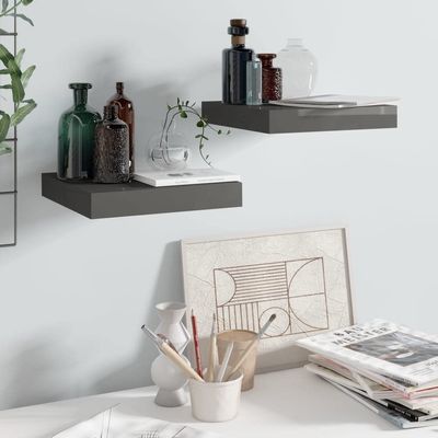CHARMMA Floating Shelves Wall Mounted, Rustic Wood Wall Shelves for Bedroom, Bathroom, Living Room, Kitchen, Laundry Room Storage & Decoration, Set of 2 High Gloss Gray 9.1"x9.3"x1.5" MDF