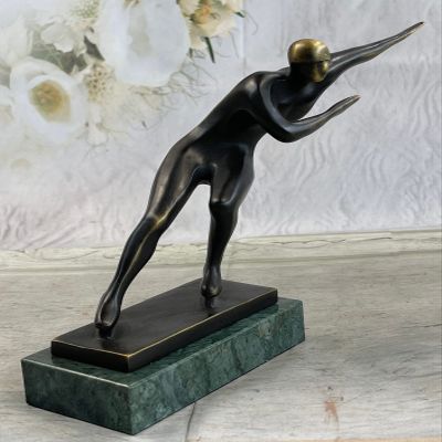 Abstract Modern Art Ice Skater Bronze Sculpture Green Marble Base Figurine Figure by Think Bronze