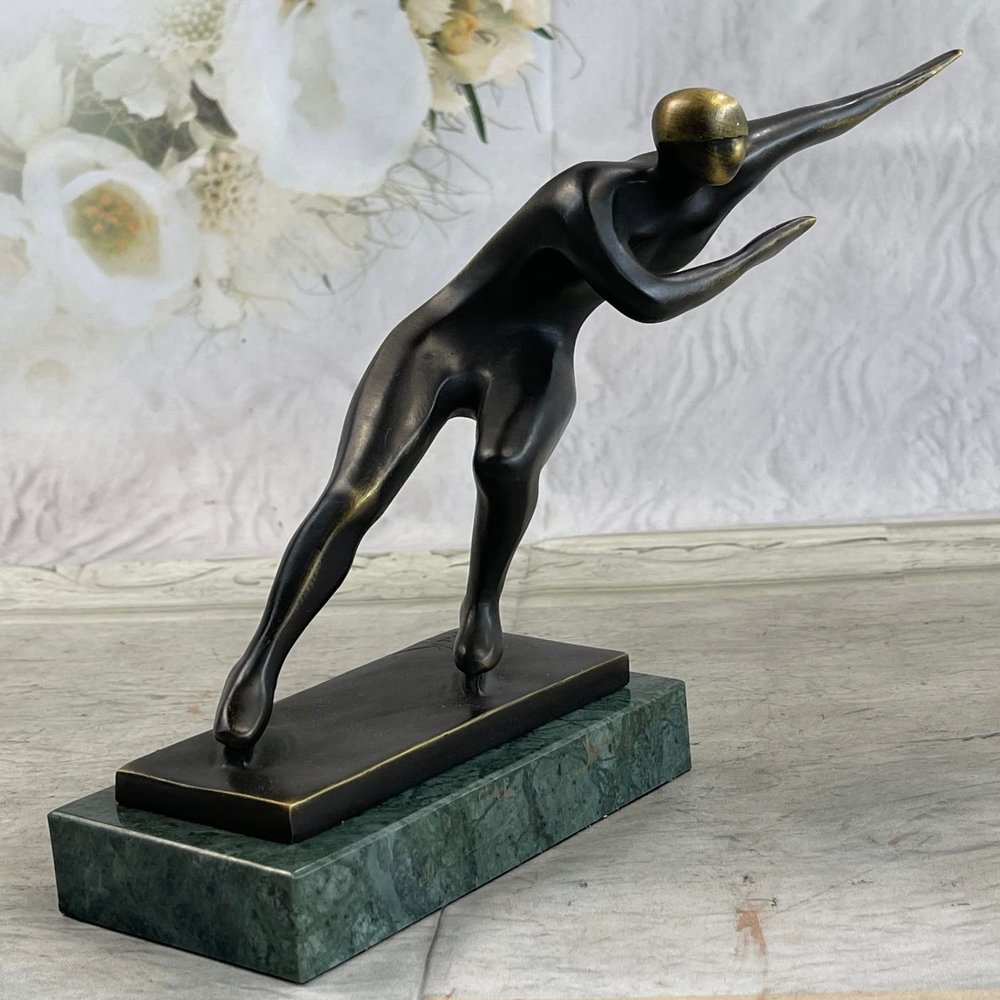 Abstract Modern Art Ice Skater Bronze Sculpture Green Marble Base Figurine Figure by Think Bronze