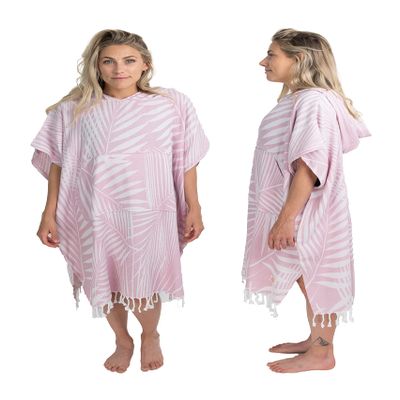 Nova Blue Towel Poncho  Tropical Pink Palm Leaves Swimsuit Coverup  Hooded Bathing Suit Coverup (33 x 37)  100% Turkish Cotton Quick Dry Towel Dress for Beach & Pool